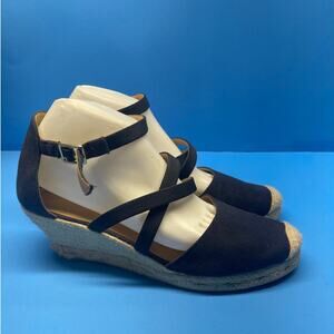 Talbots Navy Blue Espadrilles Closed Toe Straw Wedge Sandals Size 10.5